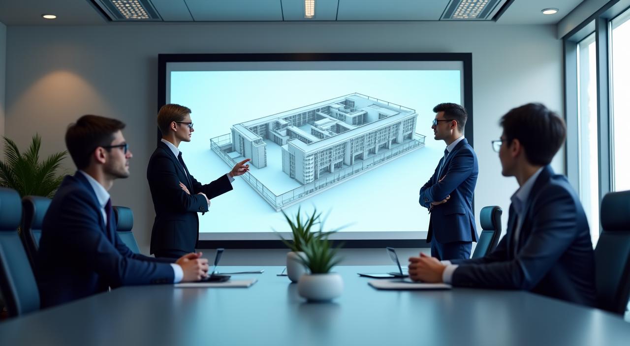 A professional team from Kaiyo Craft presenting a 3D office layout to a corporate client in a modern meeting room.