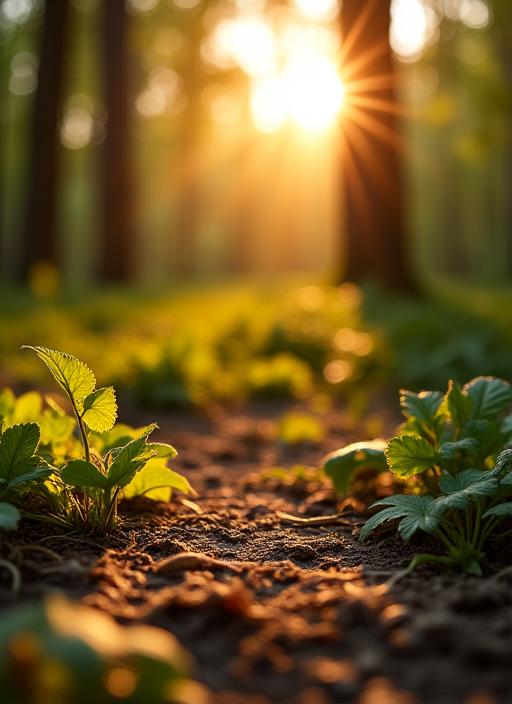 Sunlight filtering through a managed forest, with a close-up of sustainably harvested wood grain.